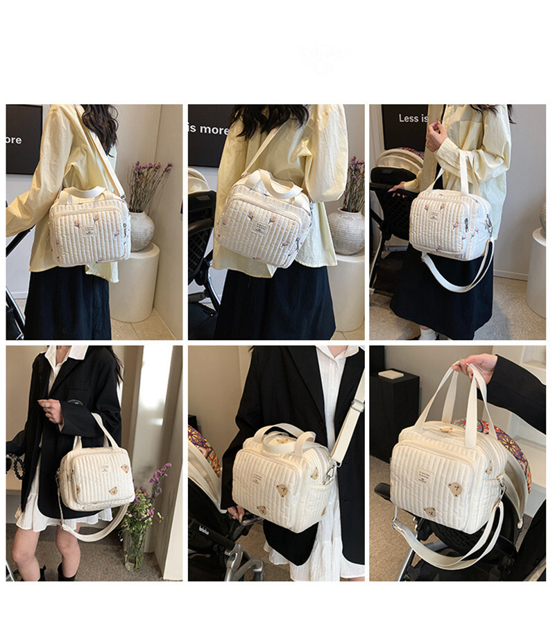 Cute Bear Flower Embroidery Pattern Baby Beige Cotton Fabric Zipper Diaper Handbag New Lage Bag