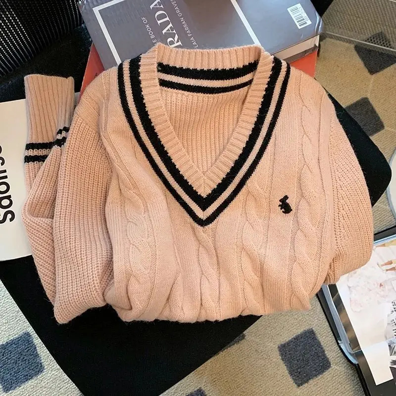 HOUZHOU Korean Vintage Sweaters Autumn Old Money Style Women V-neck Embroidery Knitted Top Winter Preppy Long Sleeve Pullovers 240812