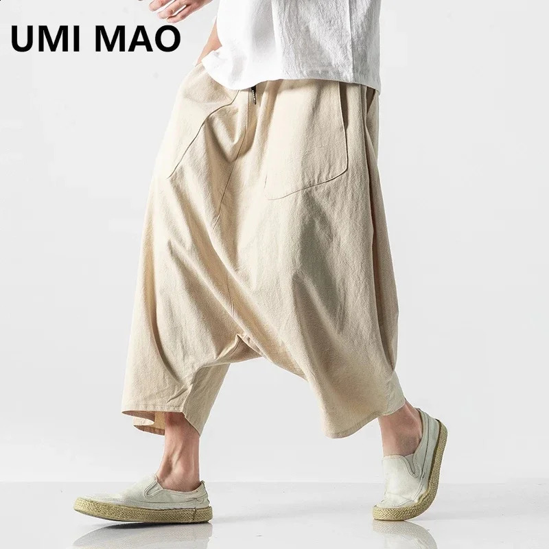 Summer mens plus size casual harem pants retro loose cotton linen wide leg pants mens elastic waist pants 240812