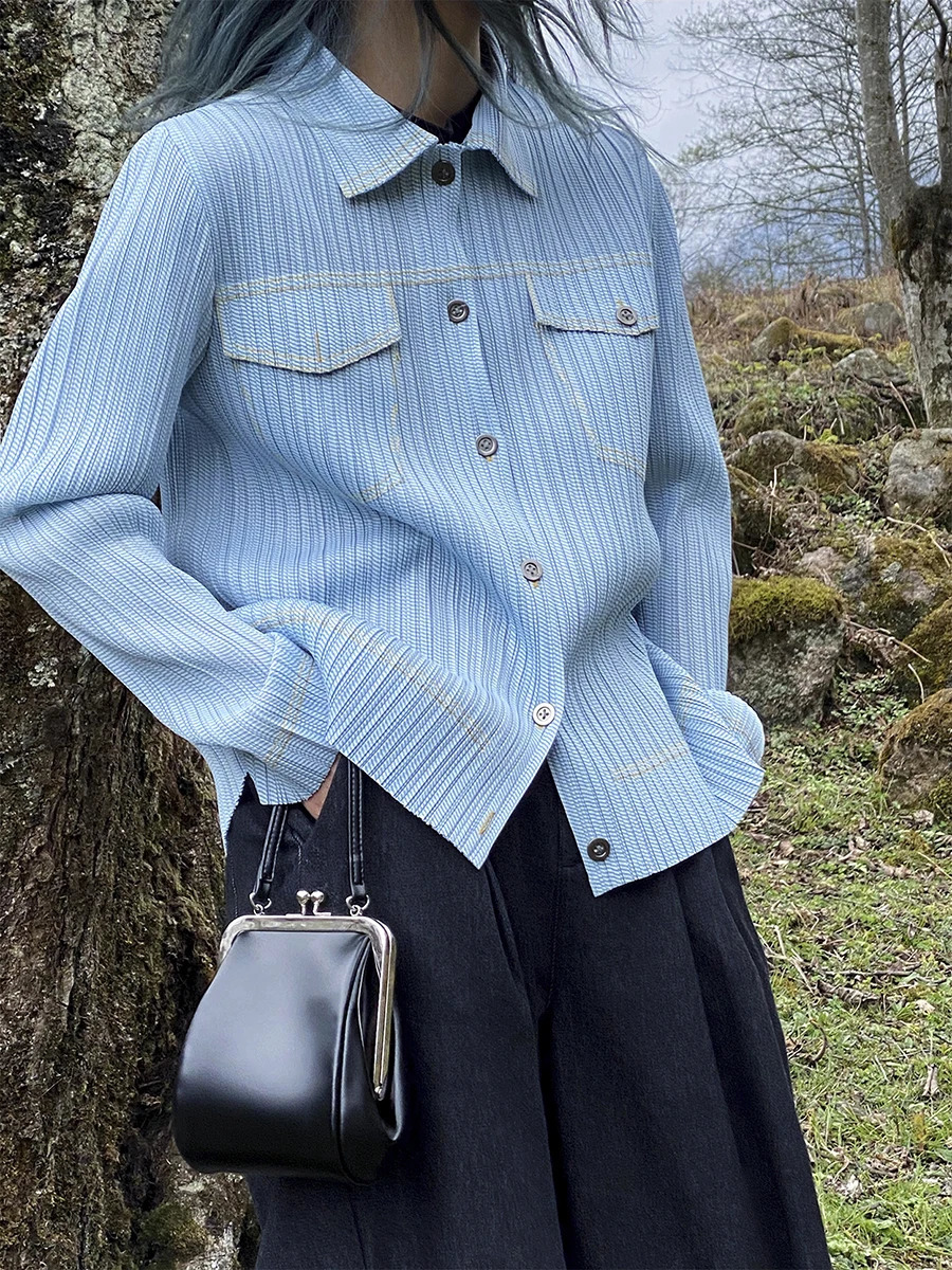 Miyake Pleated Denim Printed Shirt Long Sleeve Women Cardigan Single Breasted Casual Jacket Pocket Coat Top 240812