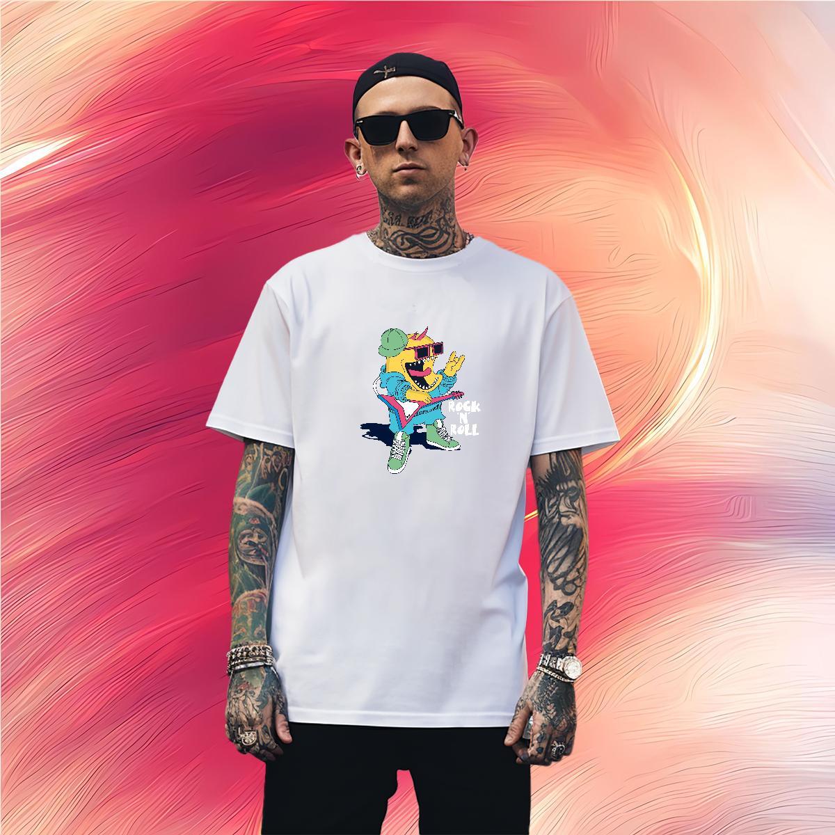 T Shirt For Man 100% Cotton 230g Plush Street Short Sleeve O-Neck Cartoon Print Tshirts Fashion Casual Brand Tops
