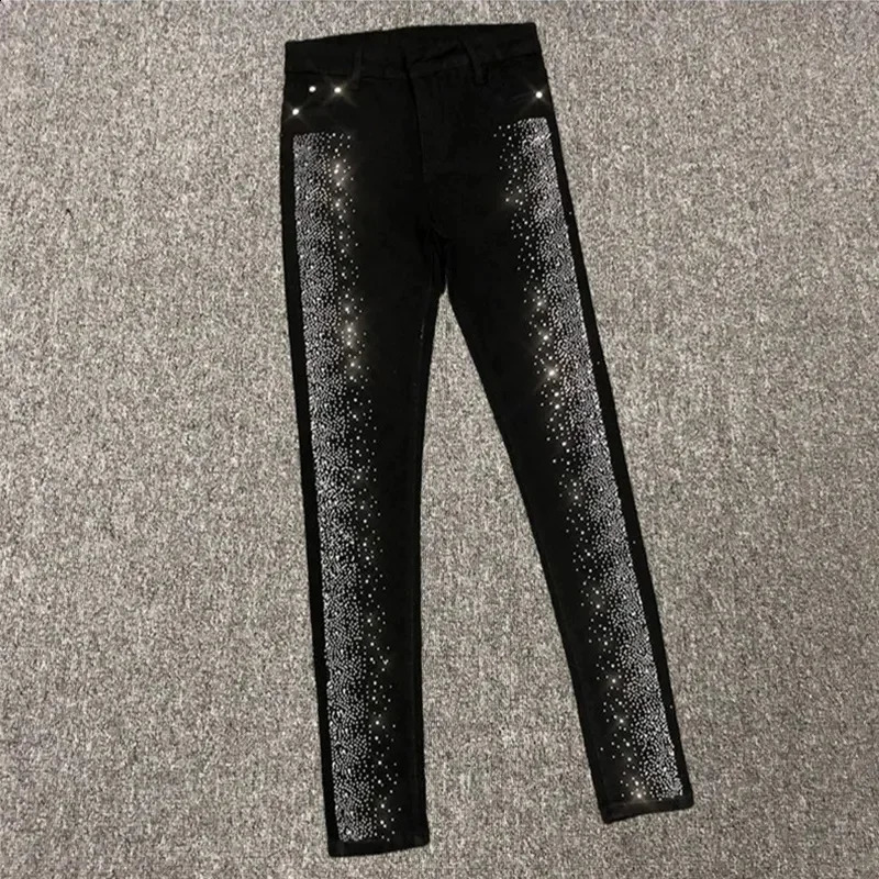 Fashion Rhinestone Jeans Female Spring And Summer Korean Version Of High Waist Slim Elastic Feet Pants Pencil Pants 240813