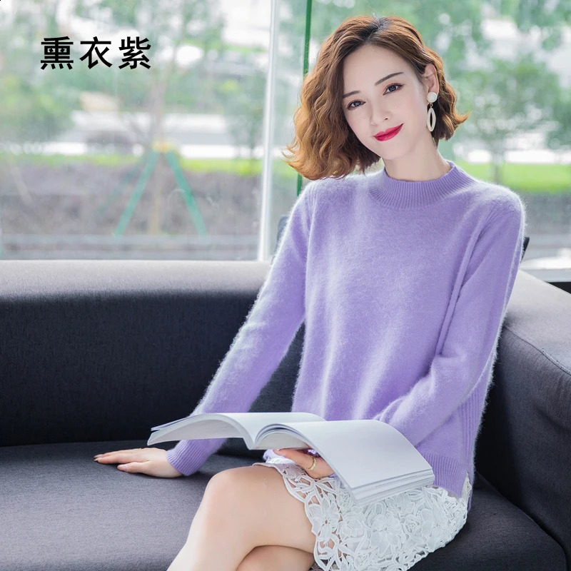 Winter 100%Mink Cashmere Women Half High Neck Fashion Knit Thick Solid Color Sweater Long Sleeve Large Size Base Warm Top 240813