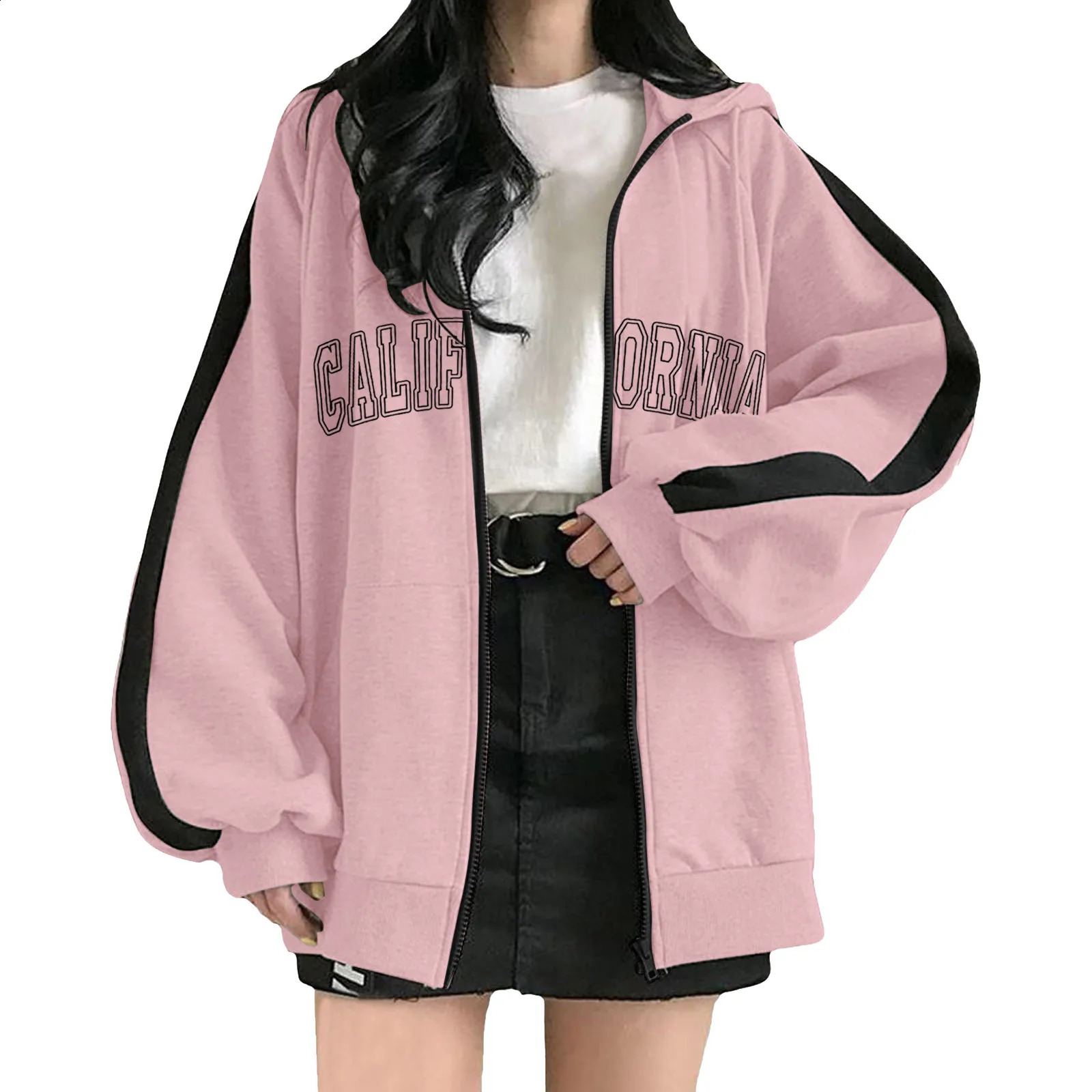 Women Hoodies Harajuku Hooded Oversized Hoodie Long Sleeve Sweatshirt Loose Letter California Print Zip-Up Tops Jacket Coats L2 240812