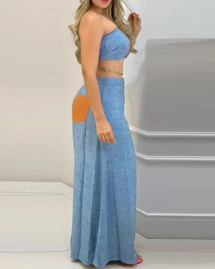 Two Piece Sets Womens Outifits Summer Fashion Colorblock Bandeau Sleeveless Shirring Crop Top Casual Wide Leg Long Pants Set 240813