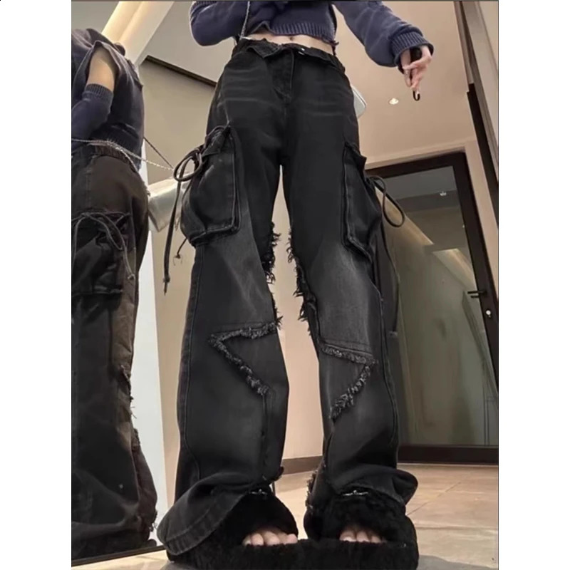 Womens Black Gothic Baggy Cargo Jeans with Star Harajuku Y2k 90s Aesthetic Denim Trousers Emo 2000s Jean Pants Vintage Clothes 240812