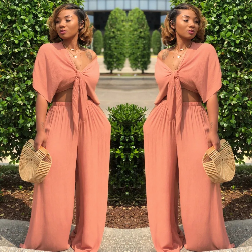 Women loose wide leg pants bandage lace up crop top 2 piece set for female women v-neck short sleeve two piece set womens suits 240813