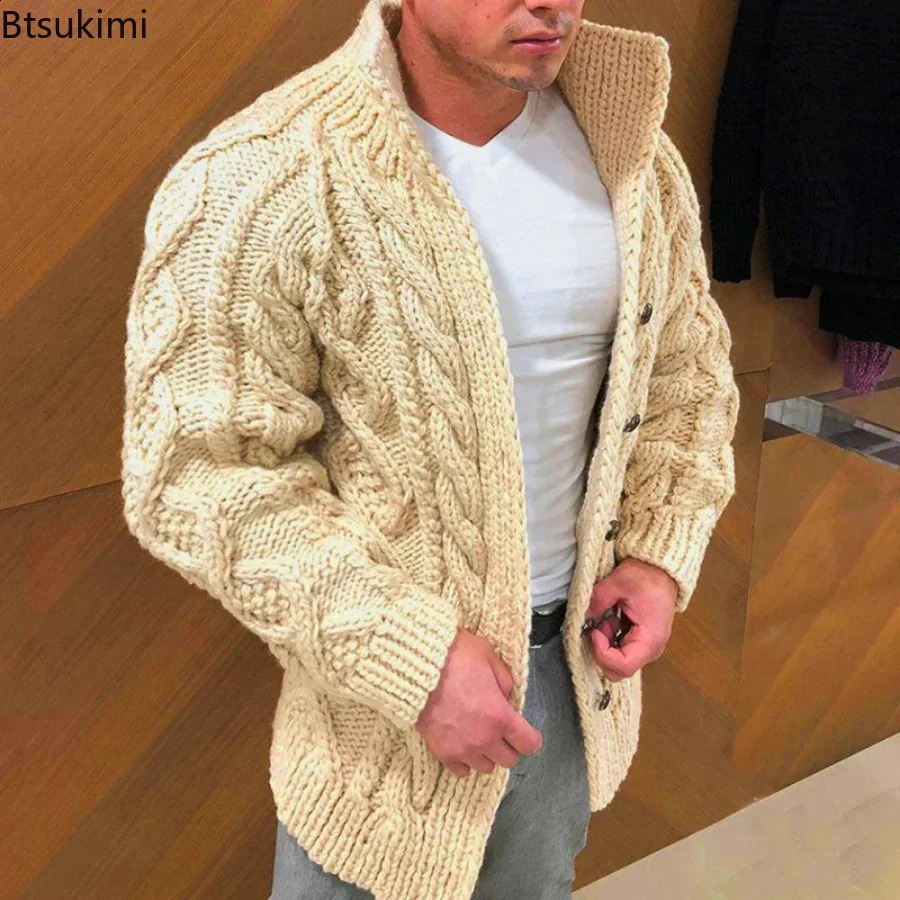Autumn Winter Mens Warm Coat Cardigan Sweater Stretchy Long Sleevev Twist Texture Thermal Sweater Coat Male 240813CJ
