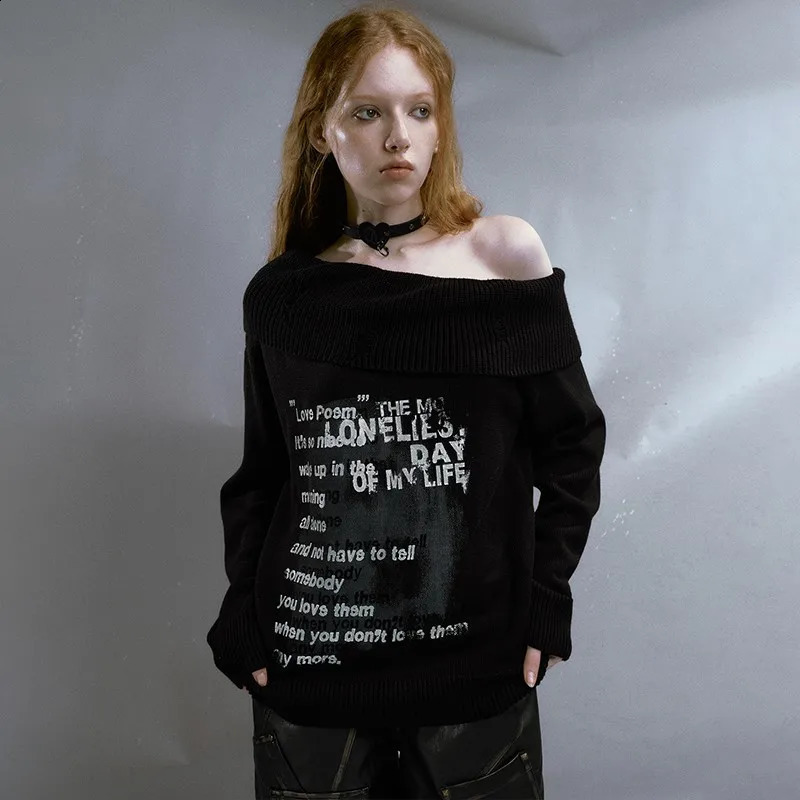 Karrcat Grunge Aesthetics Off Shoulder Pullover Vintage Gothic Graffiti Print Sweater Punk Slash Neck Knitwear American Retro 240812