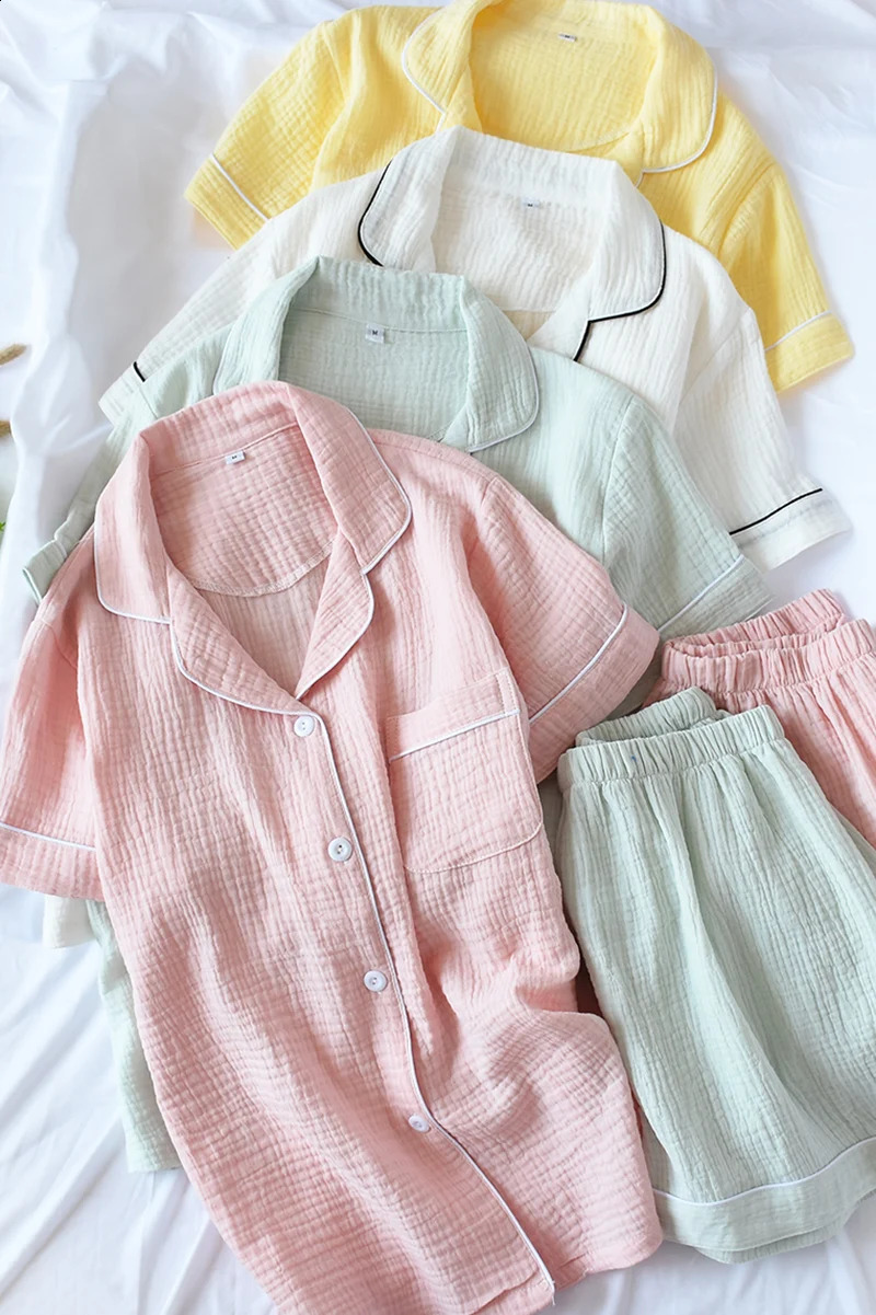 Summer Cotton Crepe Short-sleeved Shorts Pyjamas Women Solid Thin Sexy Pajamas Loungewear Sleepwear Pink Home Couple Pijamas 240813