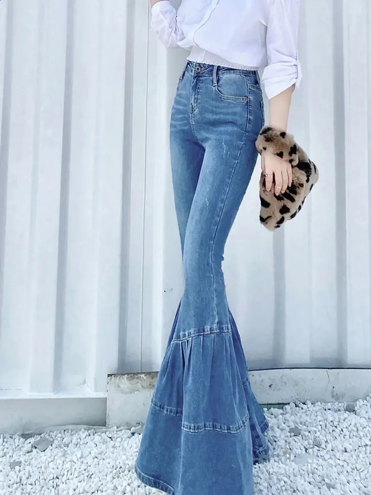 Spring and Autumn Light Color Flared Pants Womens Retro High Waist Splicing Loose Slim Wide Leg Denim Pants y2k jeans 240813