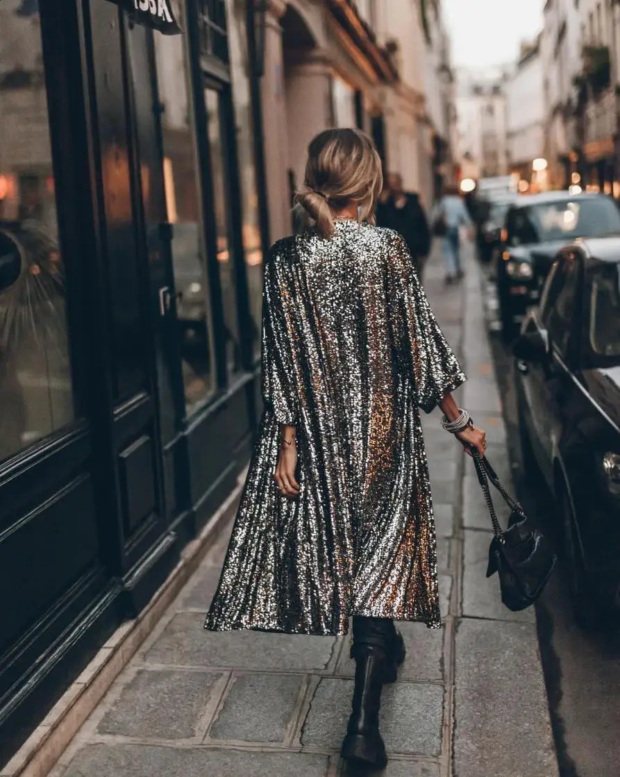 Womens Casual Cardigan Jacket Spring Summer Fashion Party Sequins Female Extended Jacket Daily Work Commuting Style 240813