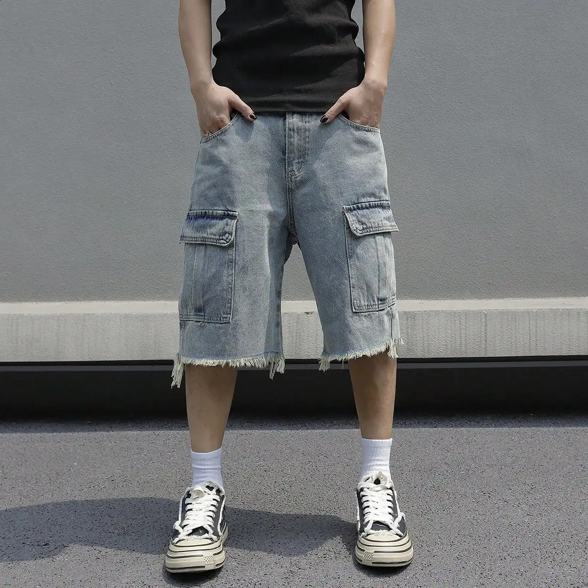 South Korean fashion mens wide leg denim shorts summer style loose casual elastic waist large pocket cargo jeans 240812
