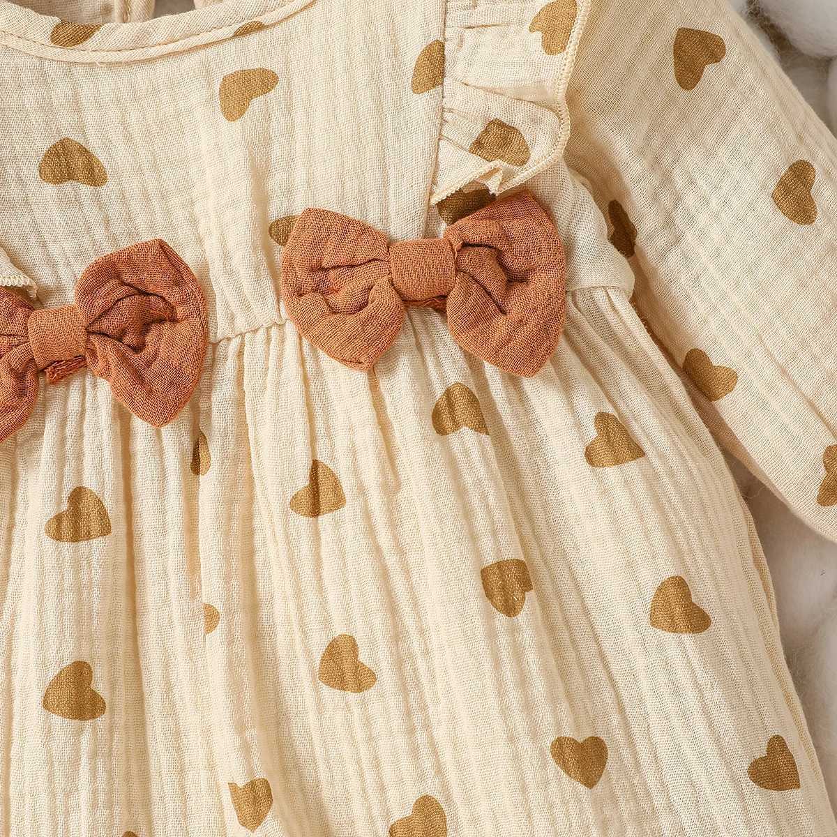 Baby Girls Summer Long Sleeve Printed Love with Bowknot for Casual Daily Cotton Jumpsuit W240812