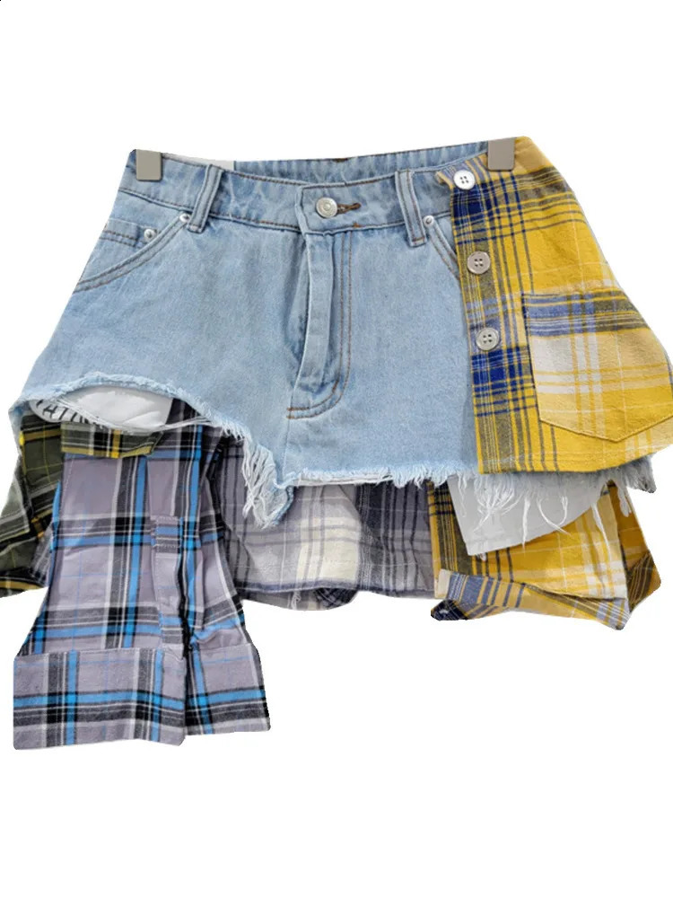 EWQ Contrast Color Patchwork Plaid Spliced High Waist A-line Denim Shorts Irregular Skirt For Women 2024 Spring Summer 16U8784 240812