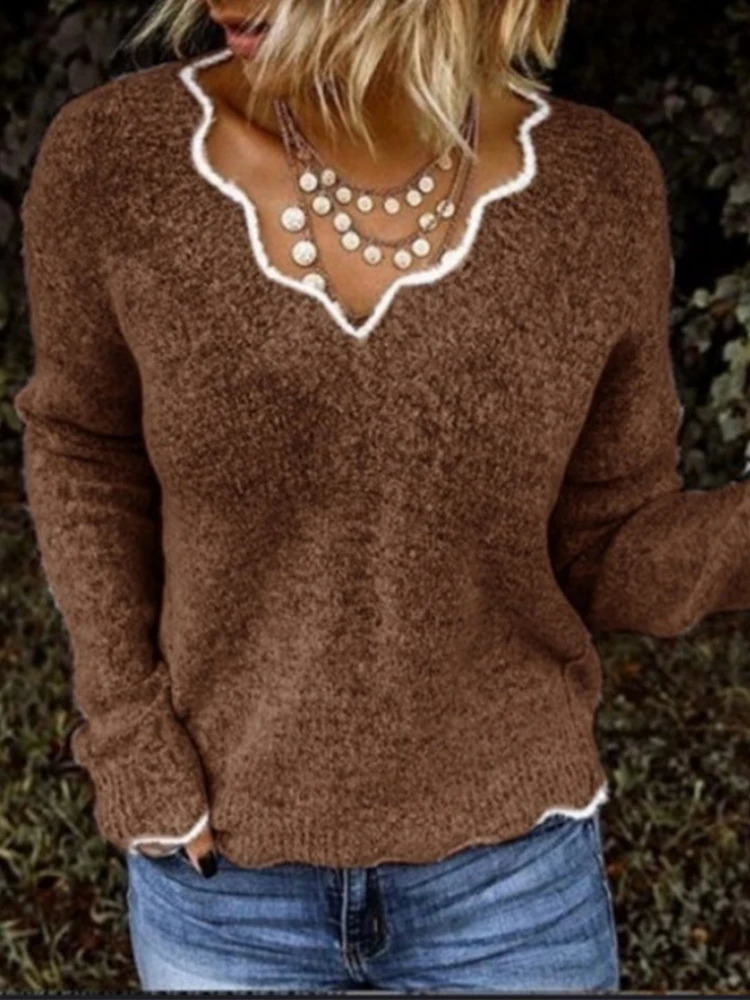 Autumn and Winter Womens Solid Color Sweater Pullover V-Neck Long Sleeve Casual Loose Comfortable Pullover Sweater 240813