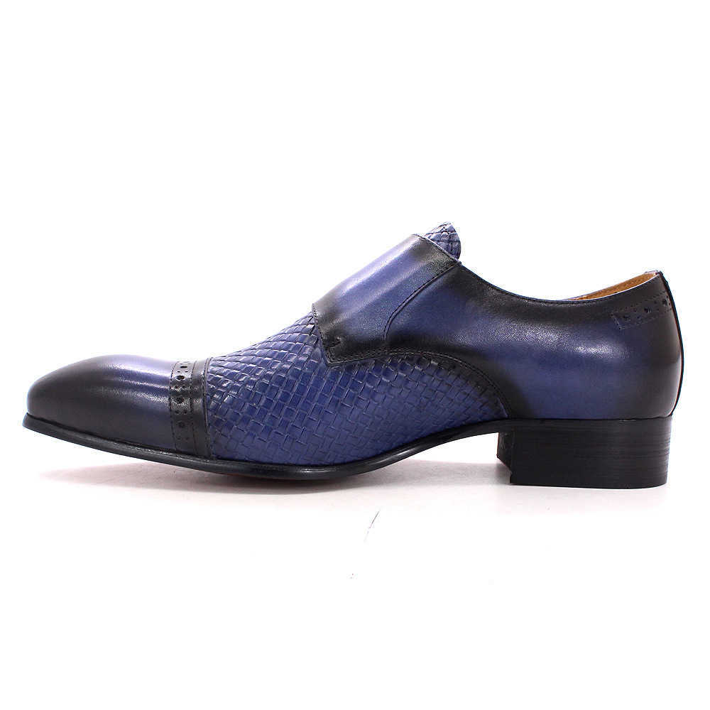CMM Luxury Mens Business Casual Shoes Blue Genuine Leather Double Button Monk Shoes Top Layer Cowhide Pointed Mens Mengke Shoes