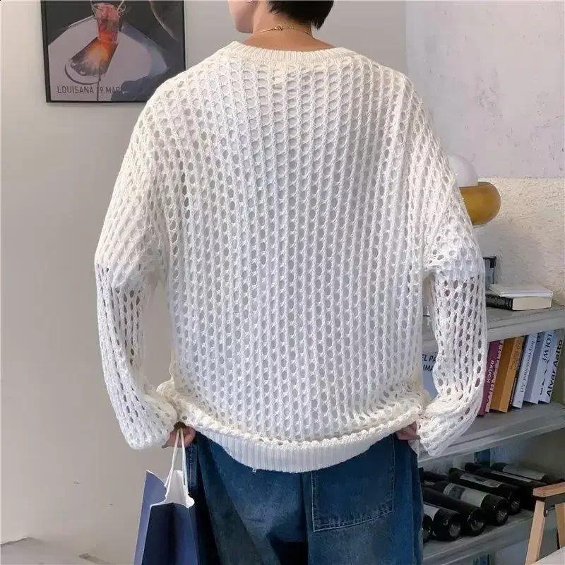 Hollow fishing net top thick thread knitted sweater suitable for mens womens fashionable Korean style toplevel casual jacket 240812