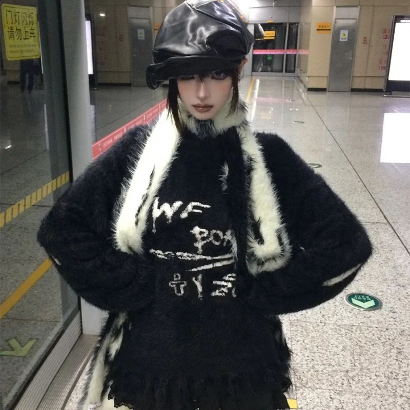 Deeptown Y2k Gothic Black Women Sweater Japanese Harajuku Fashion Knit Pullovers Loose Autumn Vintage Punk Letter Grunge Jumper 240812