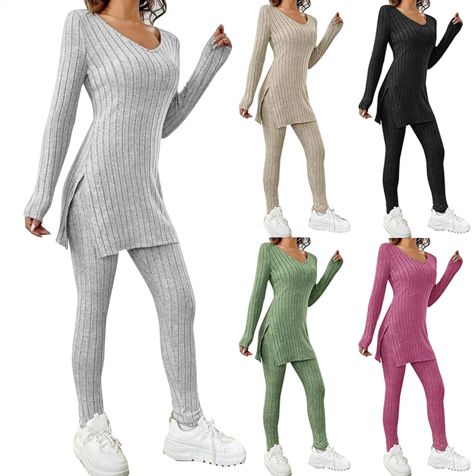 Spring Fashion Knit Suits 2024 Casual Loose PulloverElastic Long Pants Print Knitted Solid Color Two Pieces Sets Clothing 240813