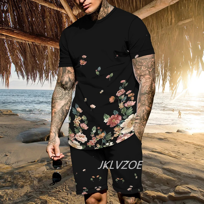 Summer mens 3D printed T-shirt set two-piece mens T-shirt short sleevedshorts casual sports set 240813