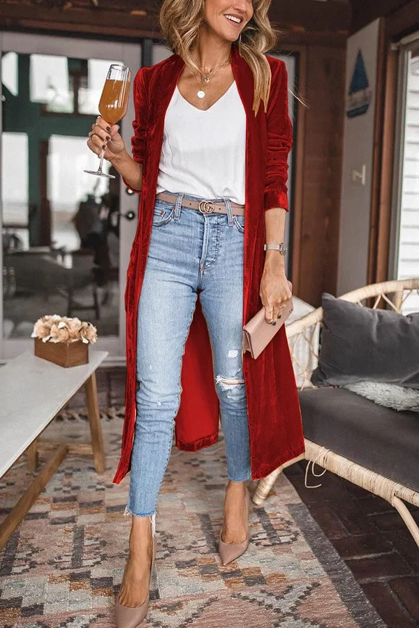 Winter Fashion Velvet Long Coats Womens Oversized Golden Maxi Jackets Open Stitch Velour Long Trench Mujer Stretch Coats 240813