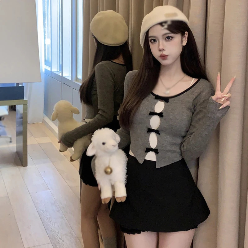Womens long sleeved round neck breathable knitted thin sweet bow decoration fashionable fully matched sweater top autumn 240812