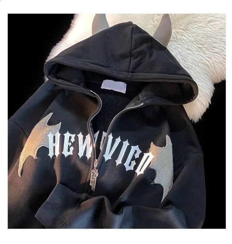 Y2k American Retro Little Devil Horn Hoodies Women Letter Embroidery Zipper Hooded Sweatshirt Harajuku Casual Loose Jacket Coats 240812