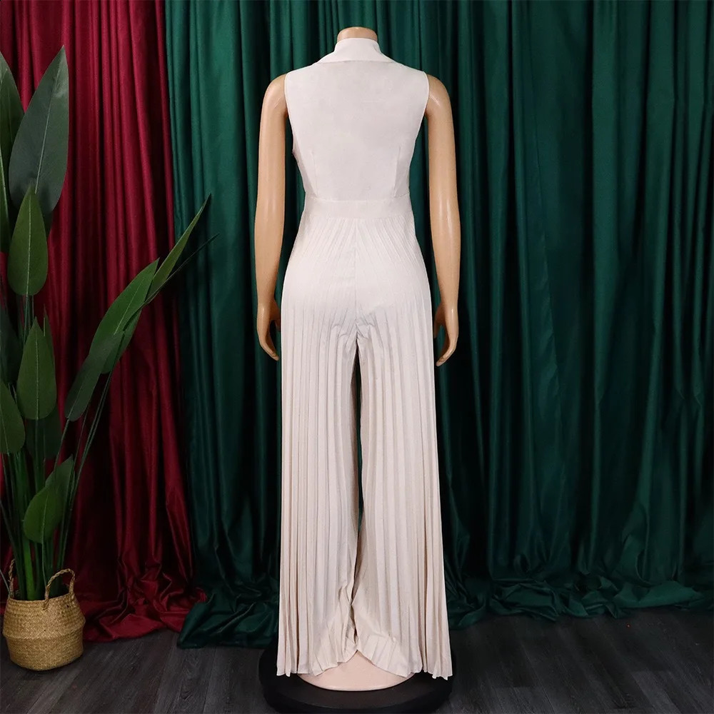 Elegant Jumpsuits Rompers Pleated for Women Pleated Turn Down Collar V Necl Sleeveless Floor Length Female Birthday Overalls 240813