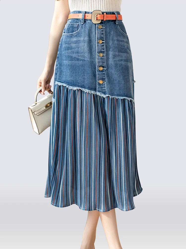 S-5XL Patchwork Pleated Jeans Skirts Women High Waist Ripped Skirts Vintage Elegant Korean Fashion Denim Skirts Big Size KS10294 240812