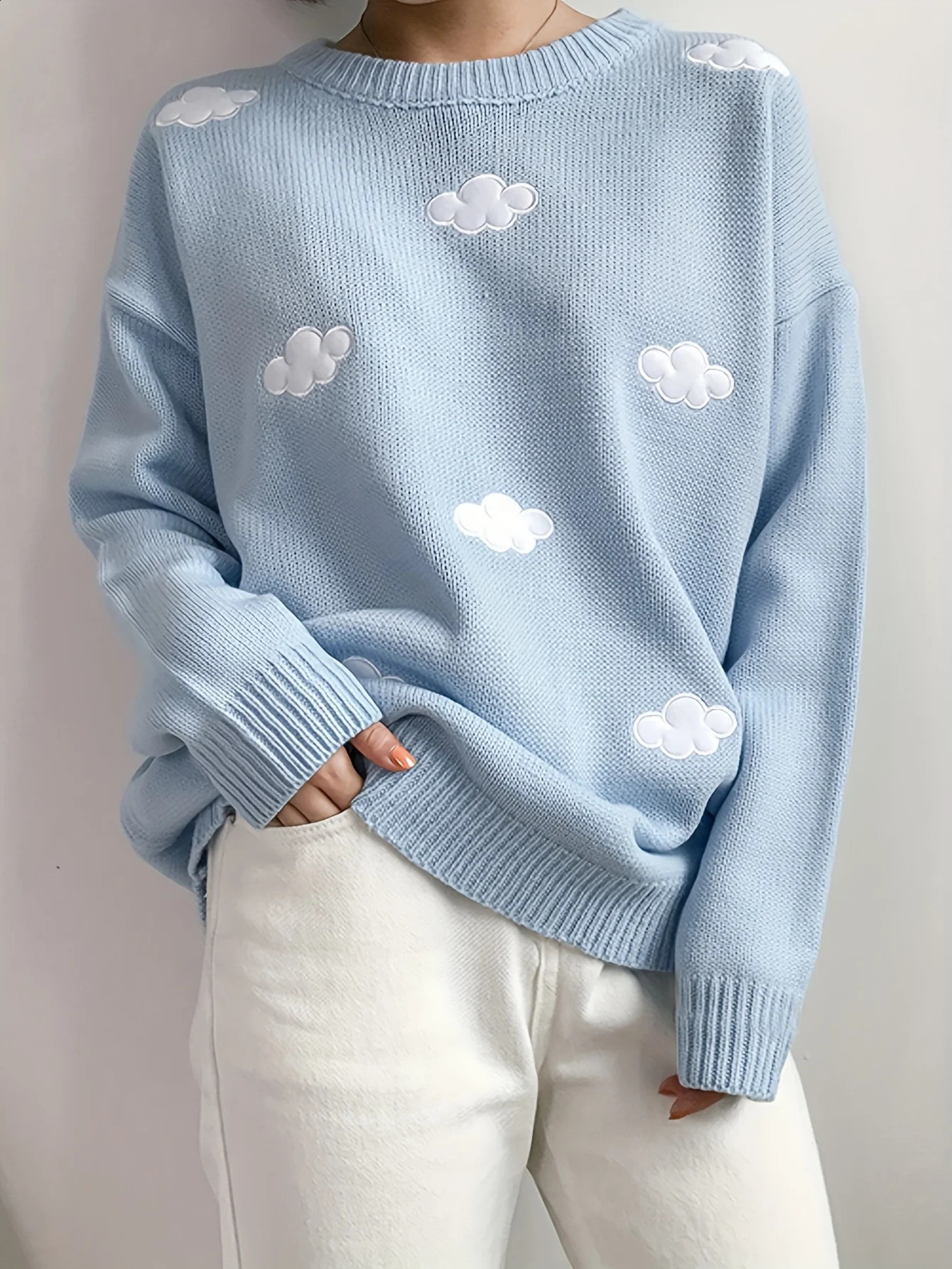 Womens Cute Cloud Embroidered Pullover Knit Sweater Winter Kawaii Preppy Style Crew Neck Knit Sweaters for Female 240812