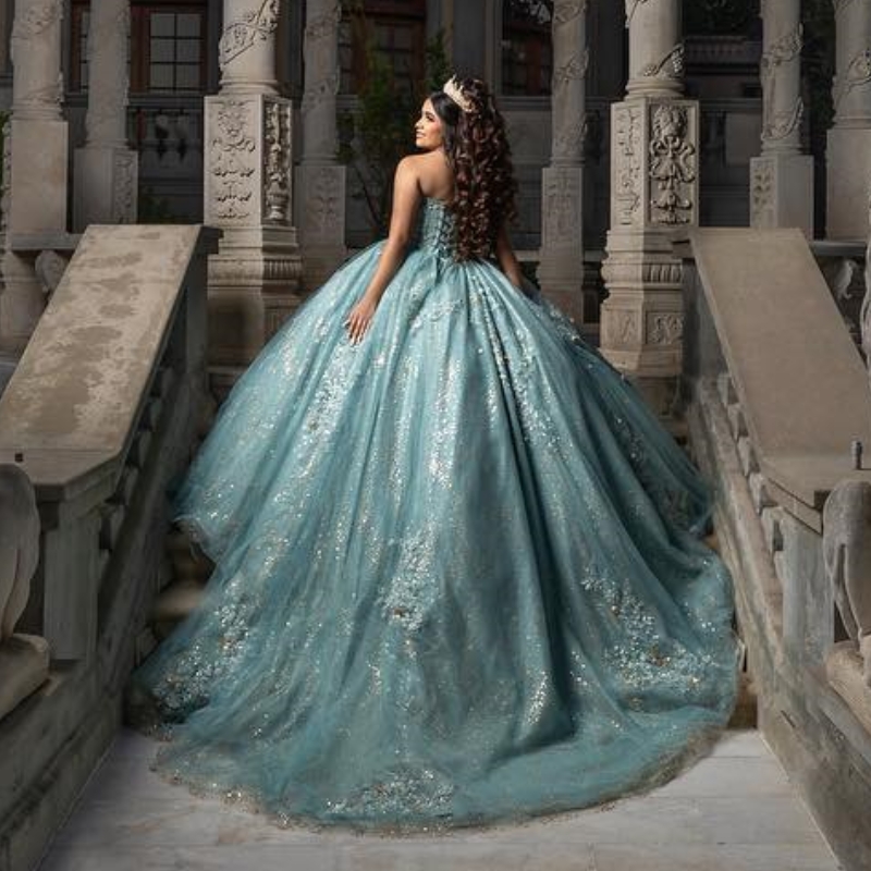 Water Blue Shiny Quinceanera Dress Sweet 16 Girl Sequined Beaded Applique Lace Tull Graduatin Party Prom Dress vestidos de 15 anos