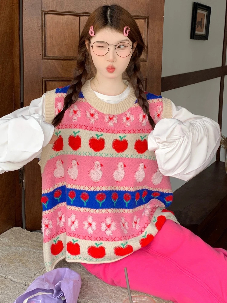 Cartoon Knitted Vest Sweater Women Preppy Style Kawaii O-Neck Contrasting Colors Sleeveless Sweaters Y2K Cute Pullovers 240812