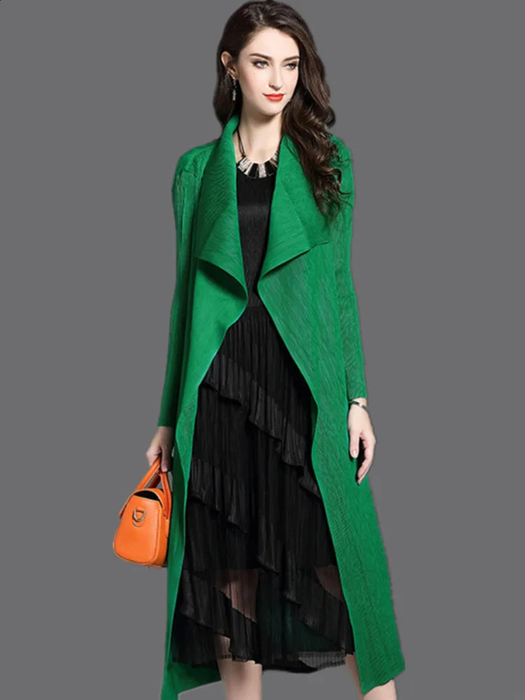 Women Fashion Pleated Long Windbreaker Turn Down Collar Open Cardigan Black Green Gray Red Khaki Female Clothing Coat Shawl 240813