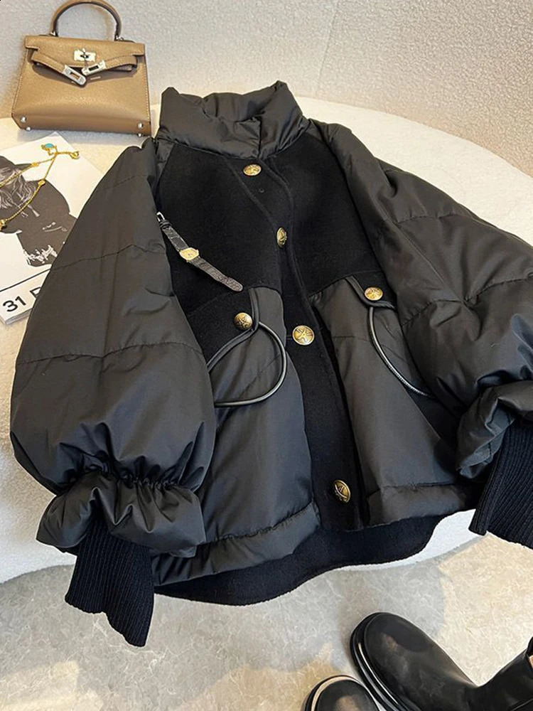 Black Padded Jacket Women Casual Loose Cotton Coat Winter Oversize Thick Warm Parkas Lady Fashion Super Stand Collar 240812