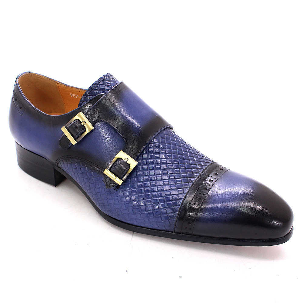 CMM Luxury Mens Business Casual Shoes Blue Genuine Leather Double Button Monk Shoes Top Layer Cowhide Pointed Mens Mengke Shoes