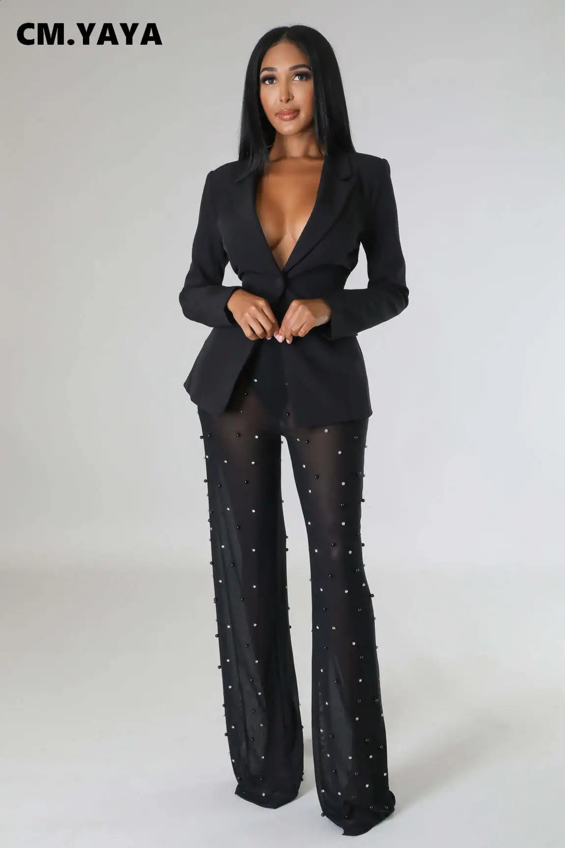 CM YAYA Street Chic Womens Long Sleeve Jacket Set and Mesh Beaded Pants Winter Two Piece Sportswear 240812