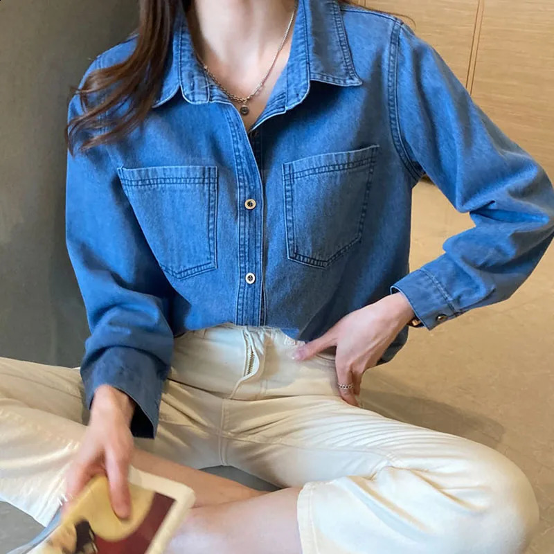 Lucyever Blue Denim Shirt Women Autumn Single-Breasted Jeans Blouses Female Pockets Loose Fashion Lapel Cowboy Blusas 240812