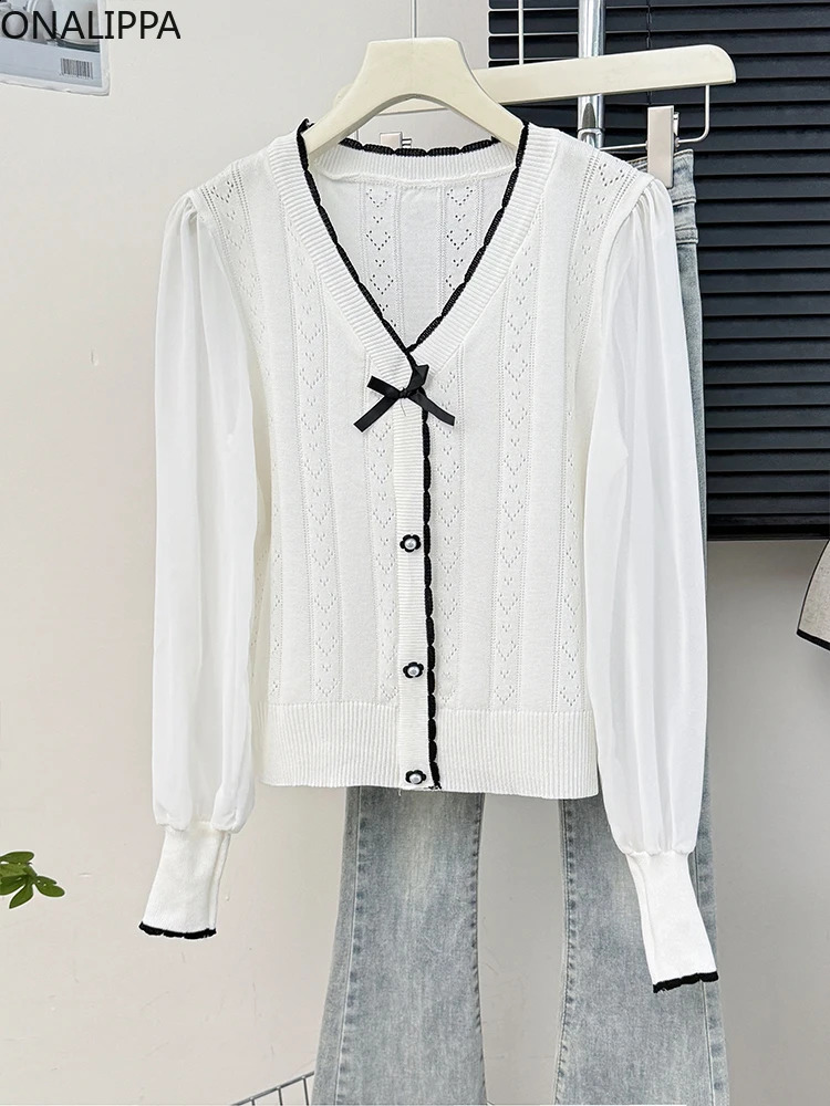 Onalippa Sweet Bow Hollow Out Knitted Cardigan Single Breasted Solid Long Sleeves Cardigans Preppy Style Loose Sweater Women 240812