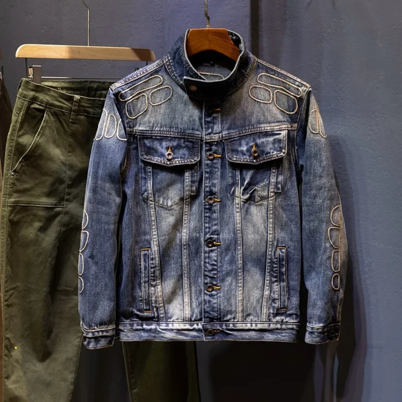 2024 Motorcycle Mens Denim Jacket Wing Eye n Street Trend Retro Loose Embroidered 240809