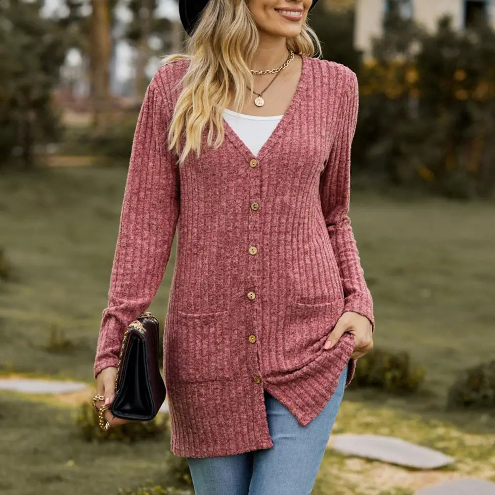 Women Cardigan Knitted Single-breasted Long Sleeve Fall Coat Solid Color Elastic Pockets Mid Length Knitwaer Womens Clothing 240813