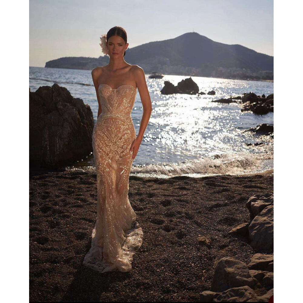 Beach Sheath Gown Wedding Dresses Appliques Pattern Lace Bridal Gowns Big Strapless Vestidos De Novia Custom Size Colour 6660306