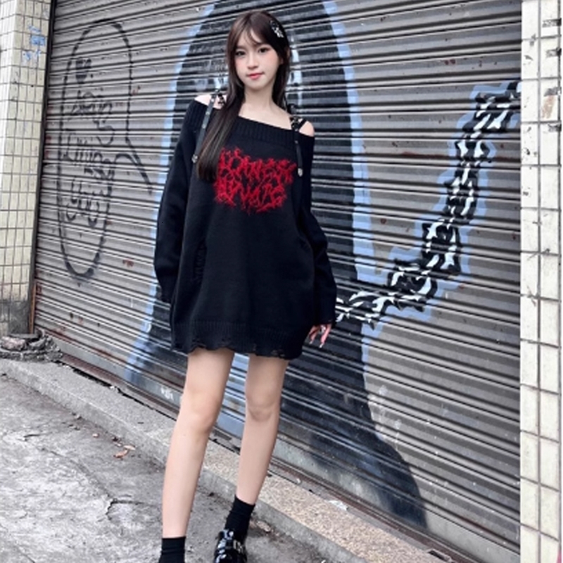 Womens Black Gothic Pullover Knitted Sweater Harajuku Korean Y2k Long Sleeves Jumper Sweaters Vintage 2000s Clothes Autumn 240812