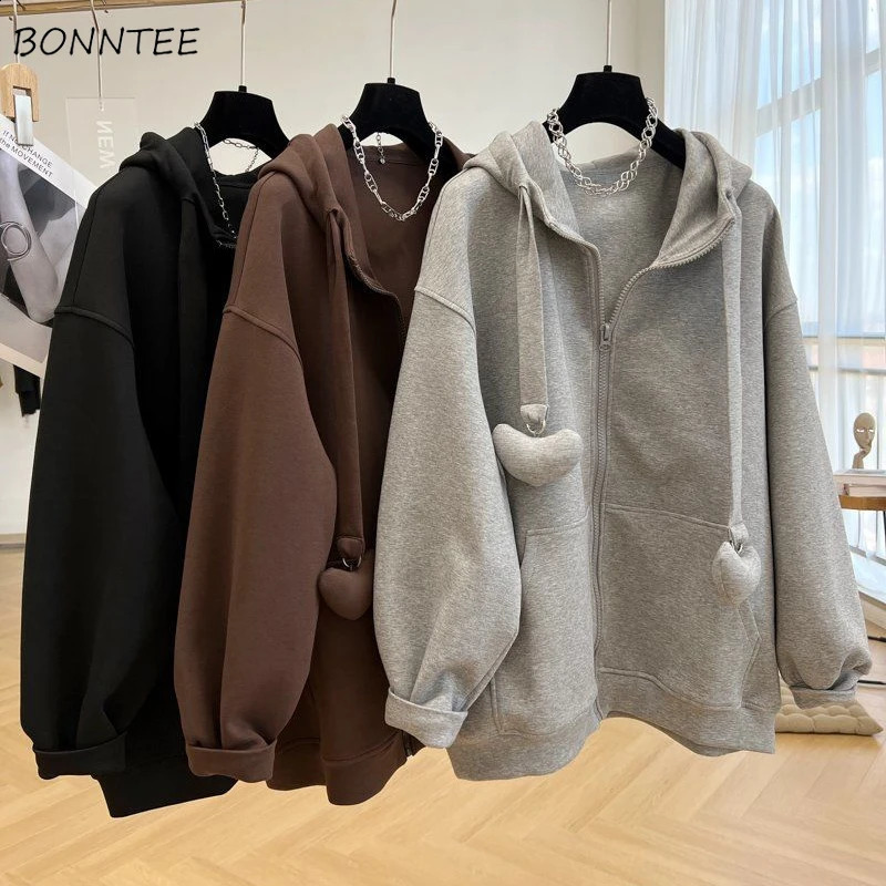 3XL Hoodies Women Zip Up Oversize Ins Solid Color Simple Leisure Korean Style All-match Warm Coats Autumn Winter Prevalent BF 240812
