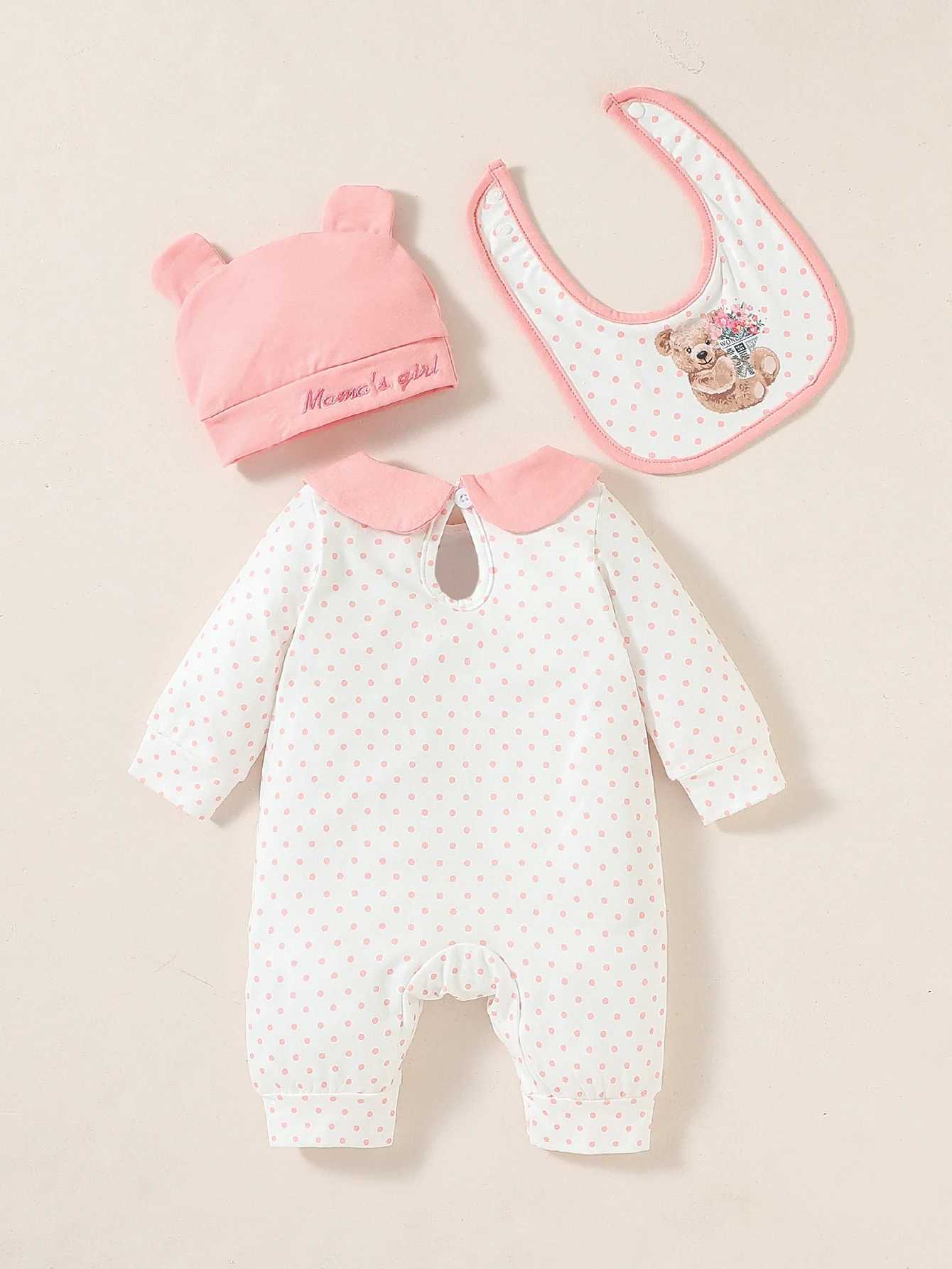 3 pieces of baby girl lapel long sleeved Autumn polka dot jumpsuit casual+hat+bib W240812
