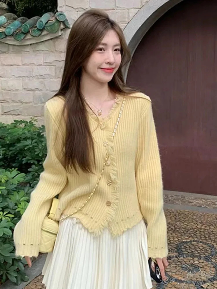 Zoki Tassel Yellow Sweet Cardigan Sweaters Women Casual Vintage Preppy Style Knitted Coat Korean Elegant Long Sleeve Fashion Top 240812