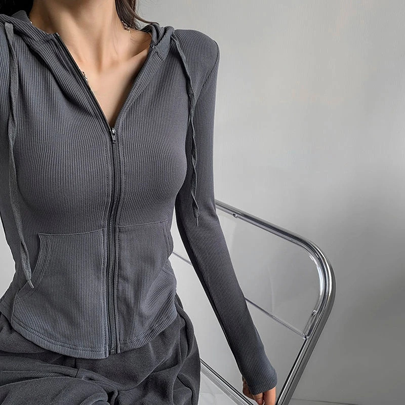 Zipper Hooded Women Solid Gray Long Sleeve Slim Fit Sudaderas Para Mujer Short Zip Up Sweatshirt American Vintage Coats Spring 240812