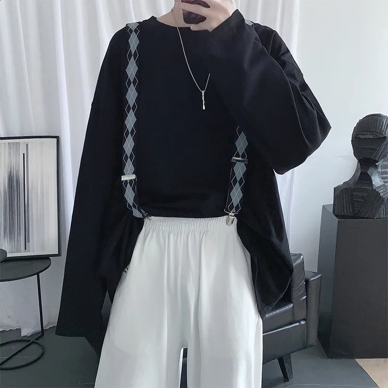 LAPPSTER mens Harajuku graphic T-shirt mens long sleeved oversized mens Korean fashion cotton plus size white T-shirt 240826