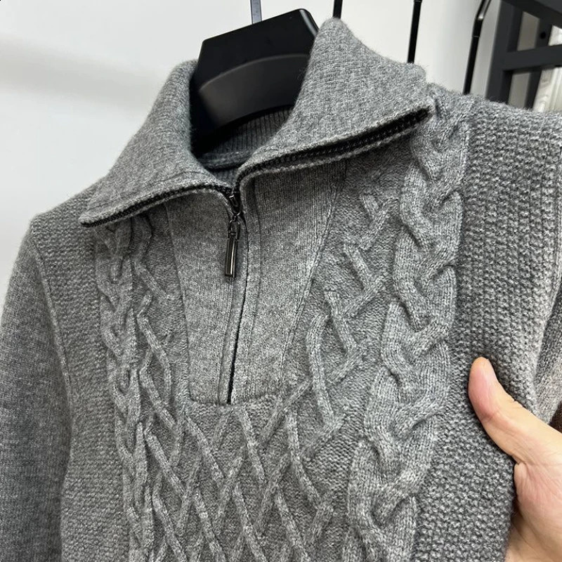 Mens Half Zipper Wool Sweater AutumnWinter Style Casual Fashion Thick Solid Color High Collar Knitted Pulling Flower 240812