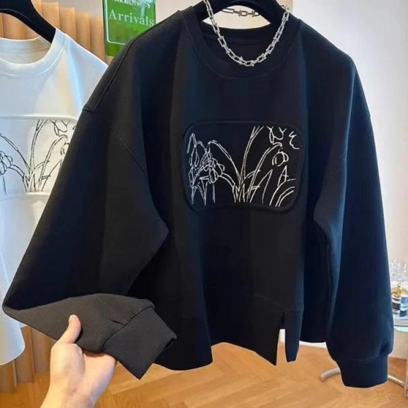 Spring Autumn Womens Clothing Pullover Lantern Long Sleeve Plant Flowers Printing Hoodies Loose Casual Stylish Round Neck Tops 240812